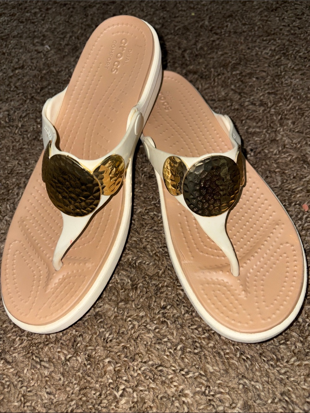 CROCS White Thong Sandals with Blush Footbed and Gold Medallions